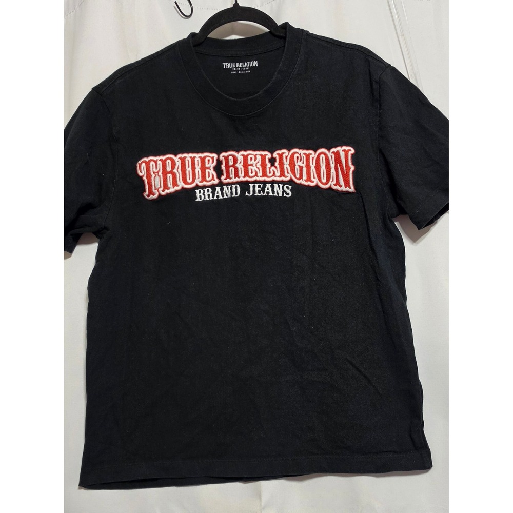 True Religion Mens Black Embroidered Logo Graphic T-Shirt Small Short Sleeve